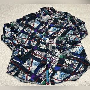 $198 Robert Graham Bassett L/S Blue Black Floral Print Button Up Shirt Men's XXL